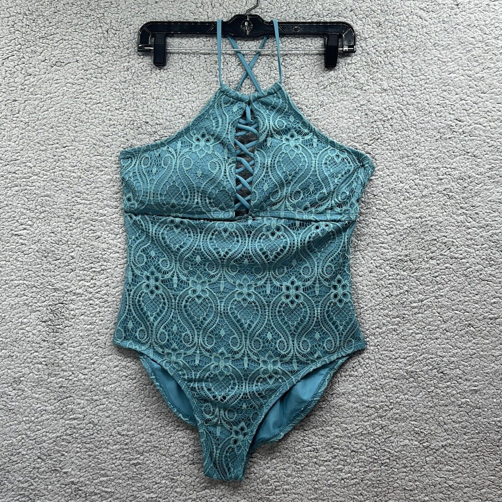 Playa Swim One piece Swimming Suit Large Wo mean Teal Crochet